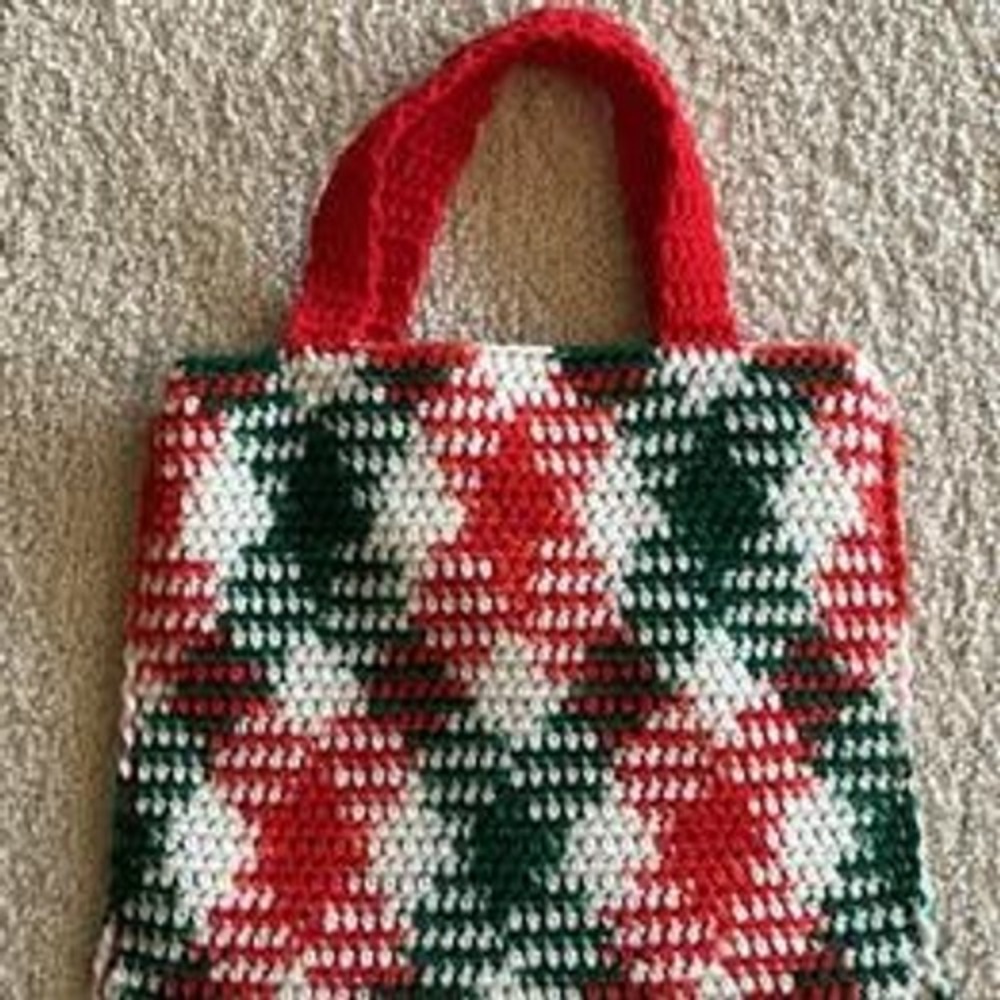 Vintage Handmade Crochet Purse Bag Red White Green